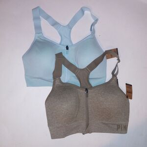 Set of 2 Victoria Secret PINK Sports Bras XS Blue Green Lightly Lined Front Clos